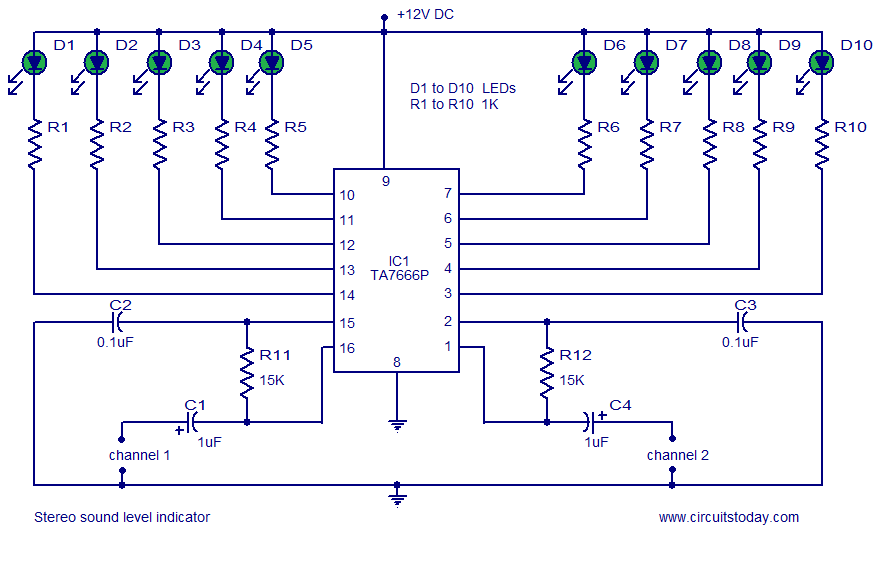 Stereo VU meter - 2 channel audio level meter – Circuit Schematic