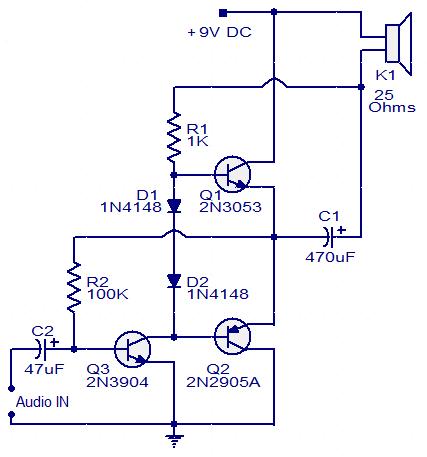 Three transistor audio amplifier circuit