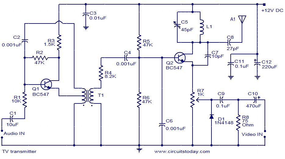TV transmitter circuit using only 2 transistors  operates from 12V – Circuit Schematic