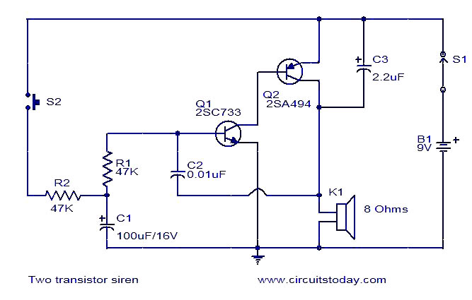 Two transistor siren circuit