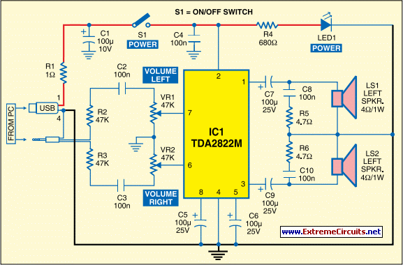USB Powered Audio Power Amplifier – Circuit Schematic