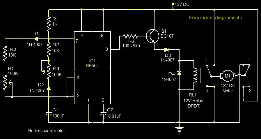 Bi-Directional Motor Control CIrcuit With NE555 IC circuit