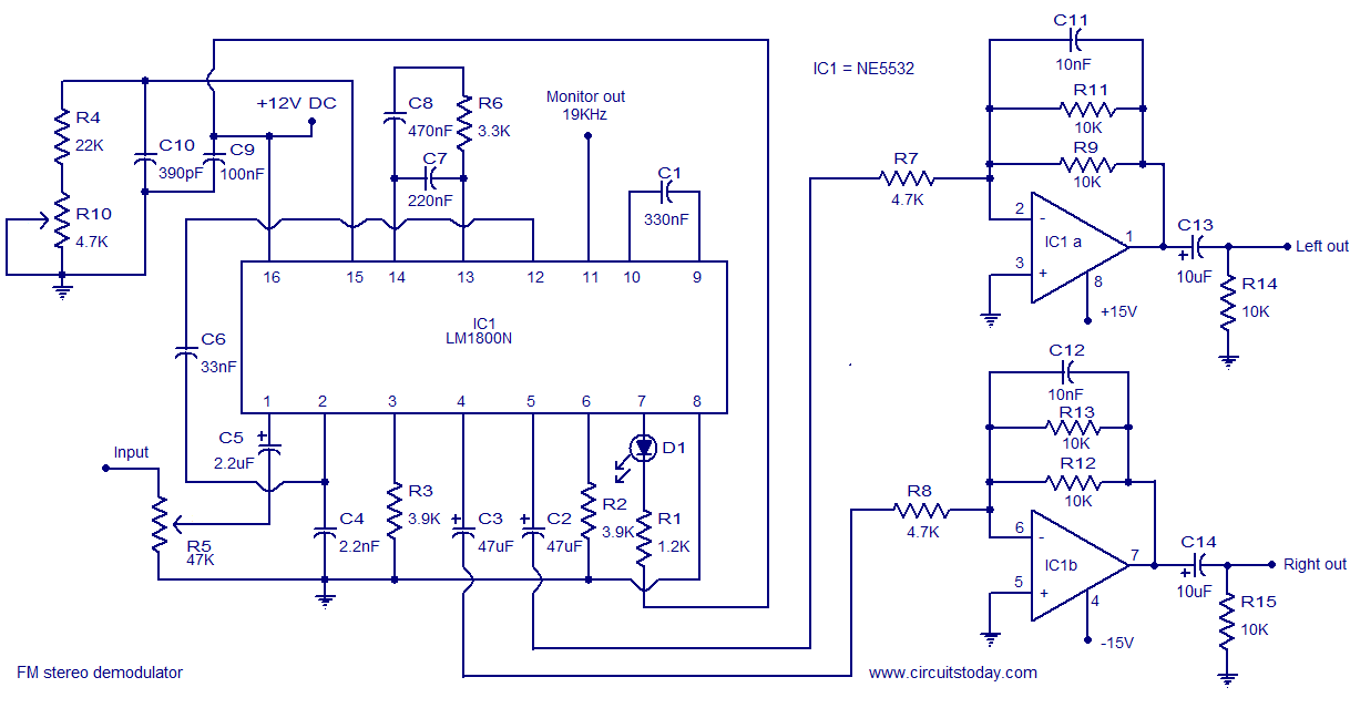 LM1800 IC Integrated FM Stereo Demodulator Circuit – Circuit Schematic
