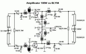 100W RF Amplifier Circuit With BLY94 Transistor – Circuit Schematic