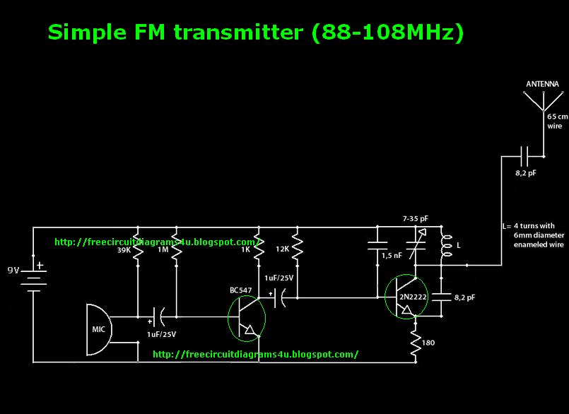 Simple FM Transmitter Circuit (88-108MHz) With 2N2222 Transistor – Circuit Schematic