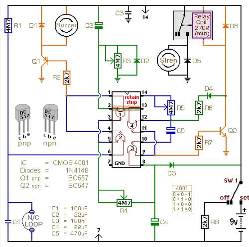 Battery Powered Burglar Alarm Sensor Circuit