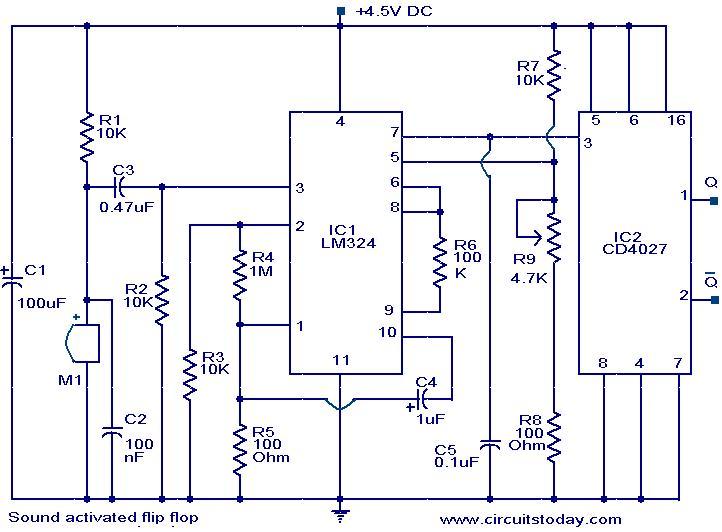Sound Operated Flip Flop Based On The LM324 IC – Circuit Schematic