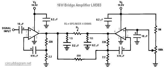 16w bridge amplifier using lm383 – Circuit Schematic