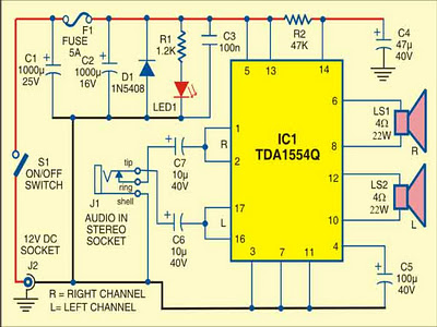 44 Watt Mobile Car Stereo Amplifier – Circuit Schematic