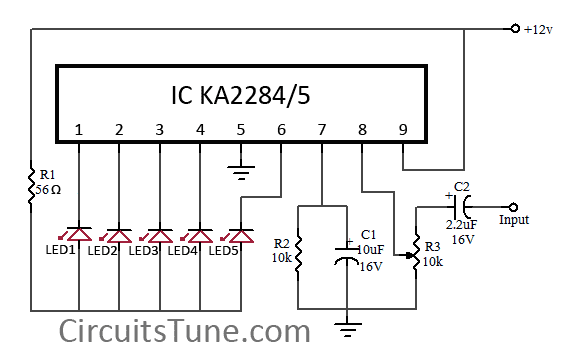 5 LED VU meter circuit diagram using KA2284 – Circuit Schematic