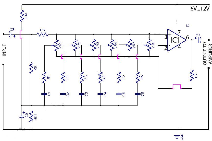 Audio 6 Band Graphic Equaliser Using 741 Op-Amp circuit