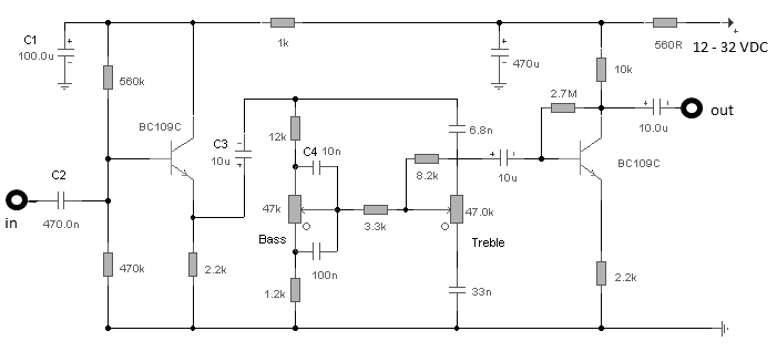 audio tone control with 2 transistor circuit