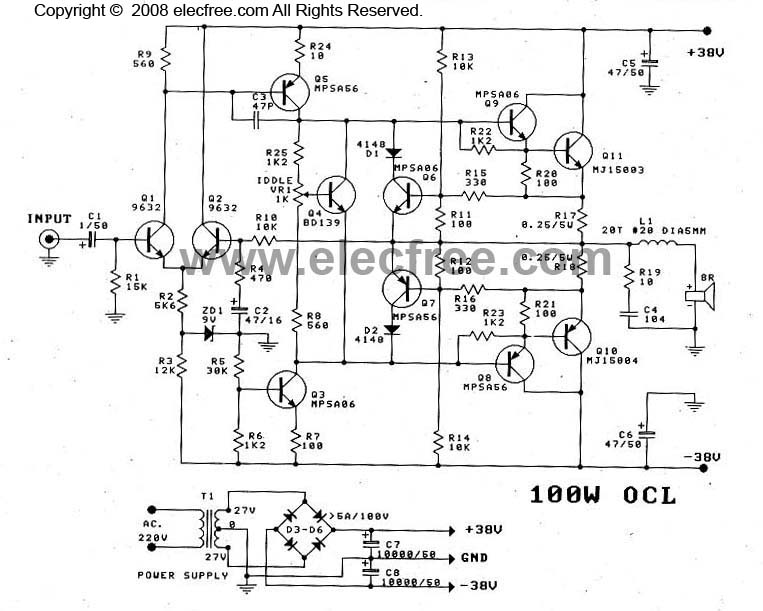 OCL Power Amplifier Circuit MJ15003MJ15004 Schematic Diagram – Circuit Schematic