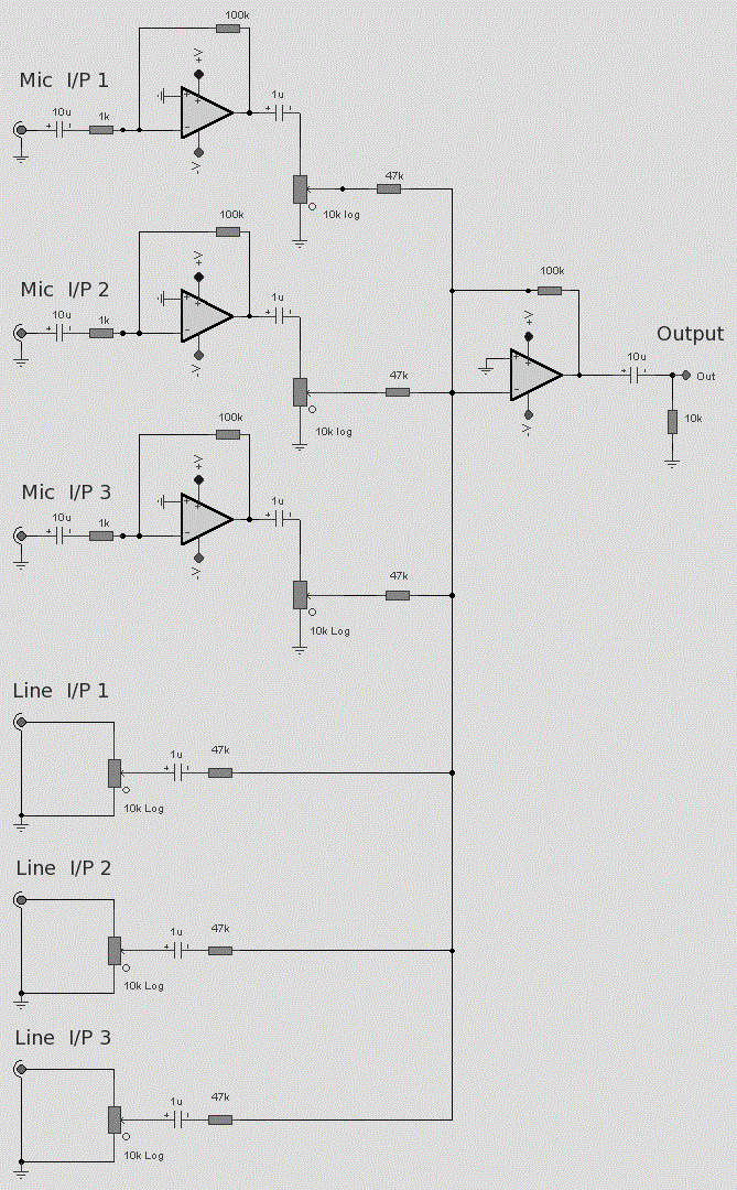 op amp 6 line audio mixer circuit