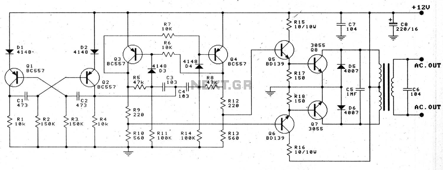 12v to 220v 100w transistor Inverter – Circuit Schematic