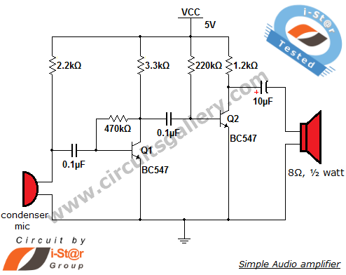 Simple condenser microphone mini audio amplifier circuit schematic – Circuit Schematic
