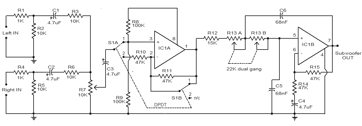 Subwoofer Filter Circuit Using Op-Amp TL072 – Circuit Schematic