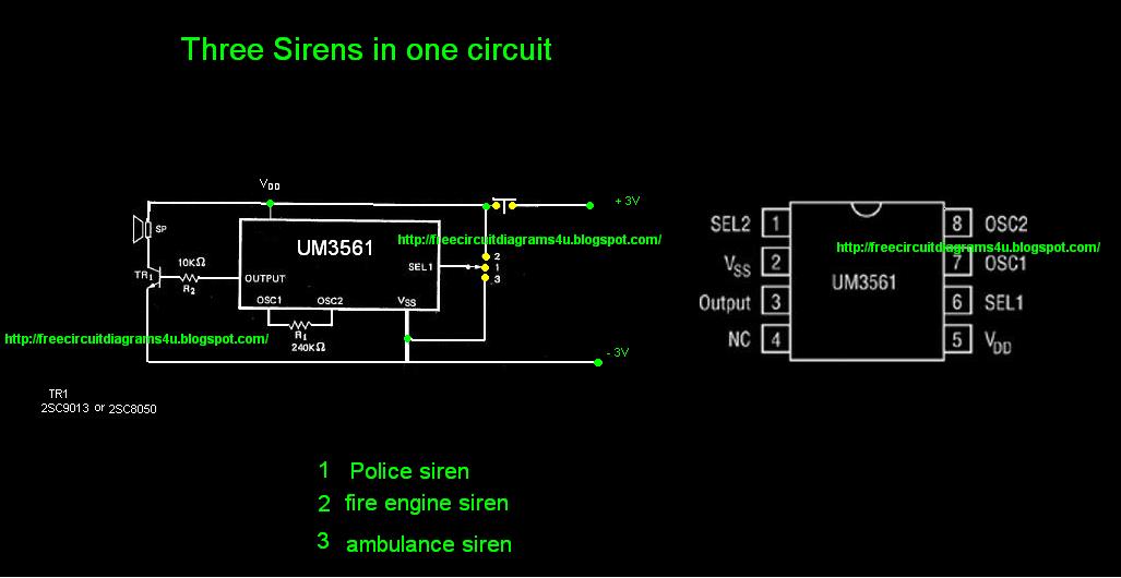 Three sirens in one Circuit – Circuit Schematic