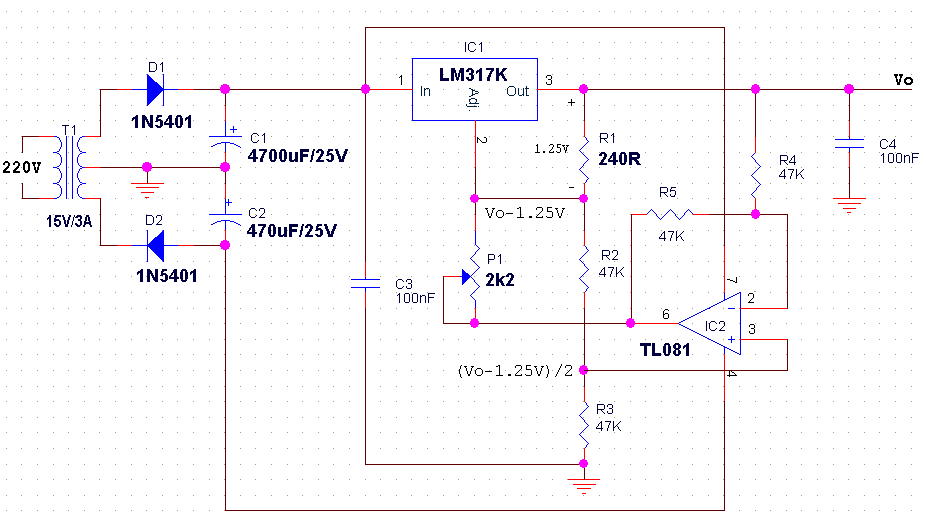 12Vdc 3A Adjustable Regulator Power Supply Circuit with LM317The LM317 circuit