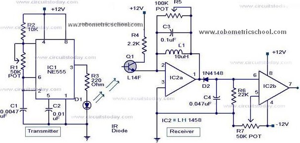 Moving Sensor  Detector Schematic Diagram using IC NE555 and Phototransistor L14F circuit