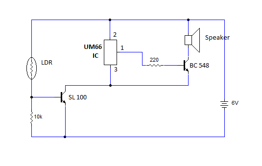 Simple Morning Alarm Circuit Using LDR and UM66 circuit