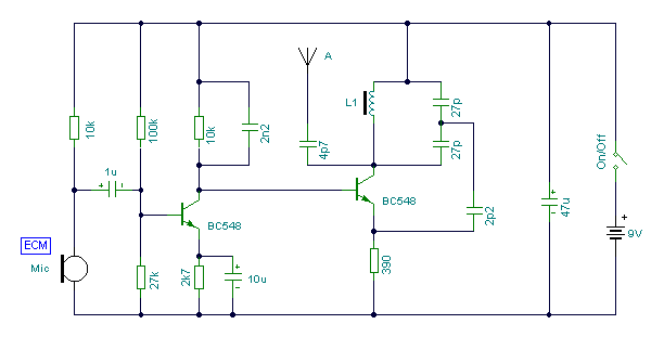 2 Transistor FM Voice Transmitters – Circuit Schematic