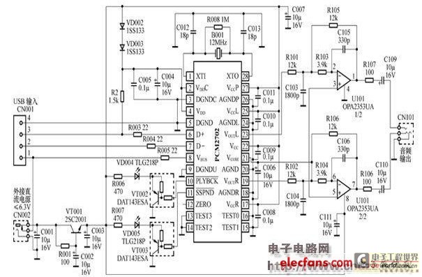 DAC schematic diagram of the USB interface formed by PCM2702 circuit