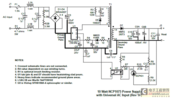 Off lining switching power supply solution of OnSemiNCP107515W low power consumption – Circuit Schematic