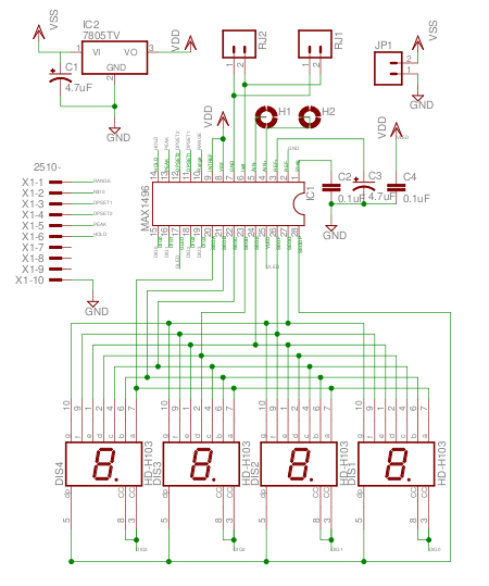 Simple Voltmeter schematic using Maxims ADC with LED driver circuit