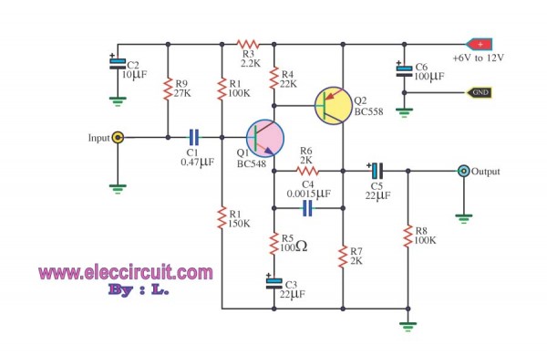 simple preamplifier circuits by transistors – Circuit Schematic