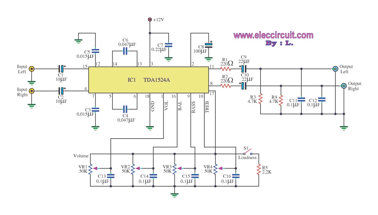 Stereo tone control circuit using IC TDA1524A circuit