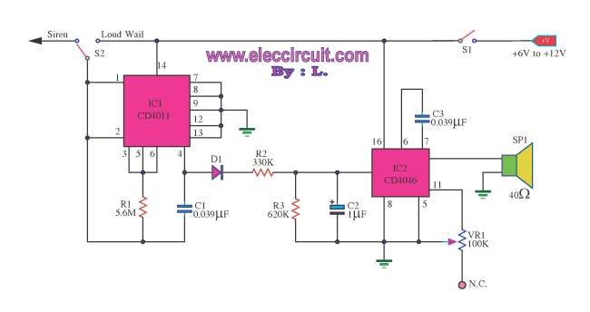 Cheap siren with nand gate IC circuit