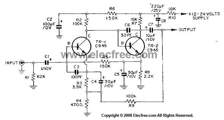 Dynamic Microphone Preamplifier using C945 transistor circuit