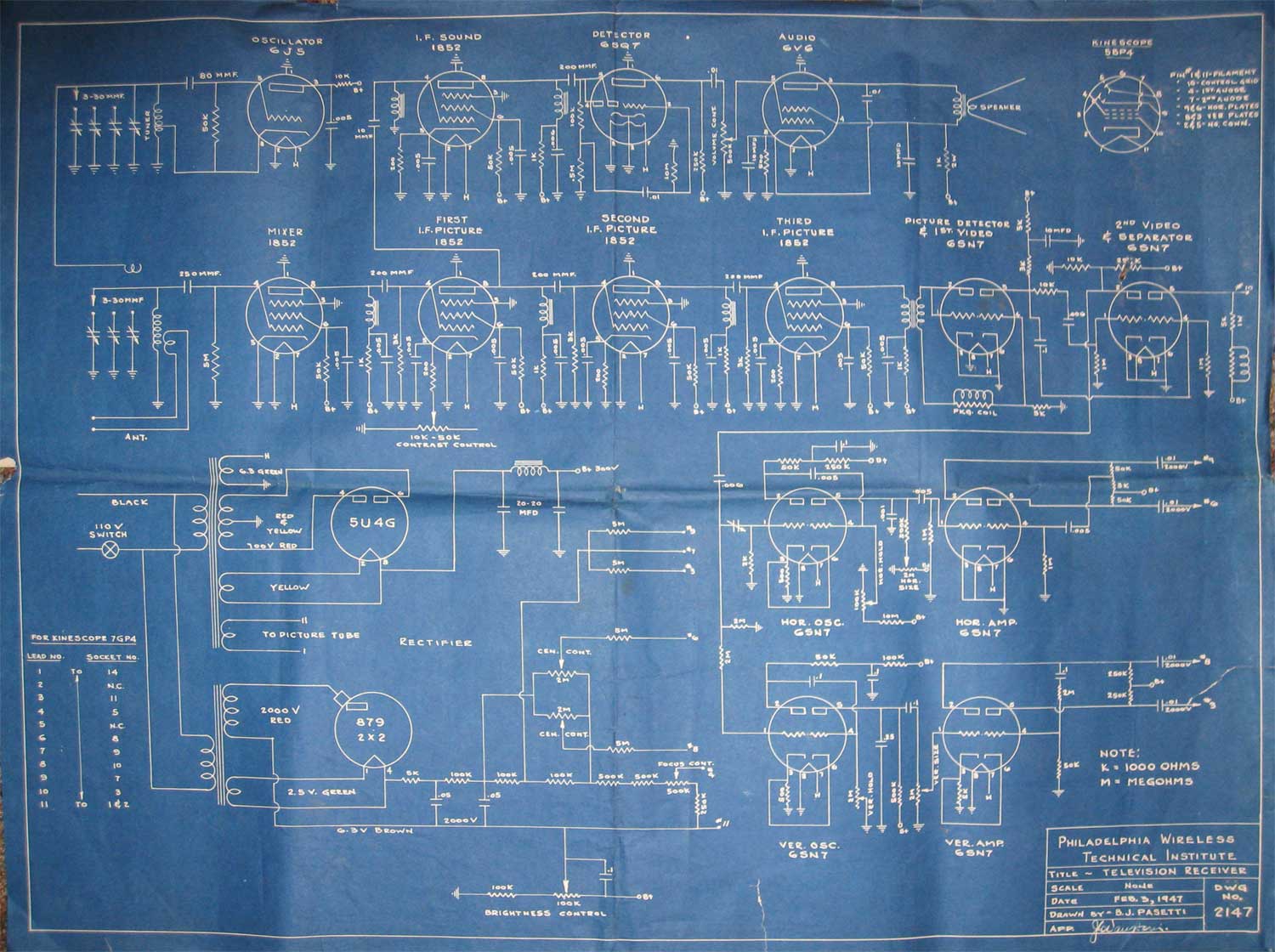 Philadelphia Wireless Training Institute 1947 Receiver – Circuit Schematic