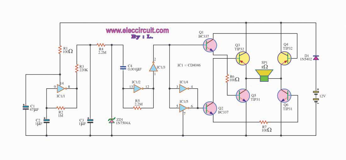 High power siren circuit using CD40106 circuit