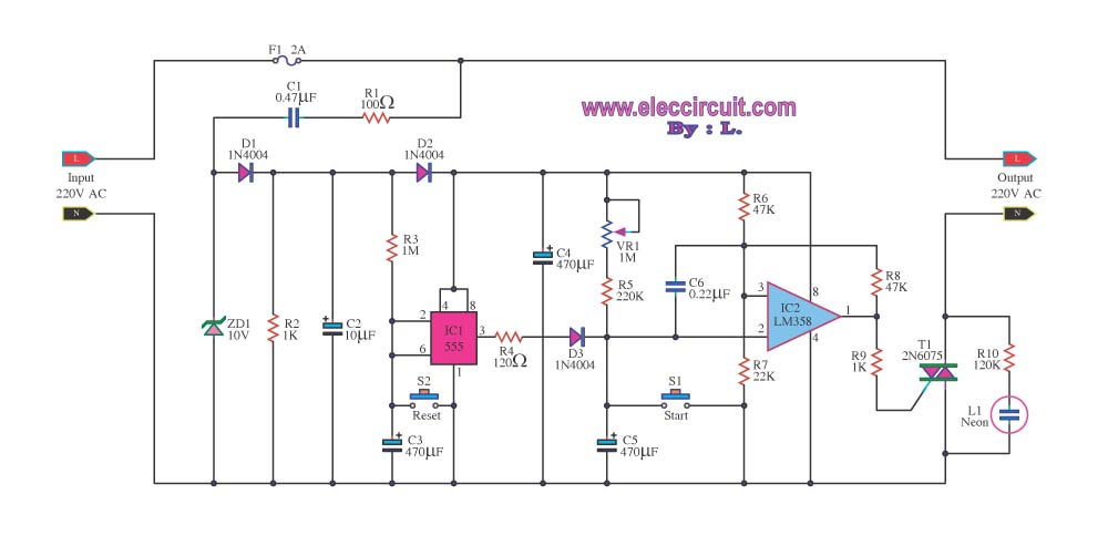 timer control 1 15 minutes by triac 2n6075 and lm555 lm358 circuit