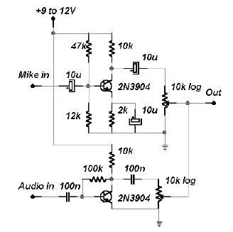 2 channel audio mixer circuit using transistors circuit