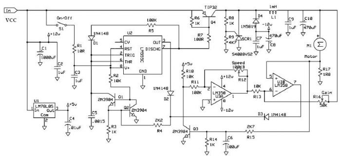 DC motor speed controller with 555 timer circuit