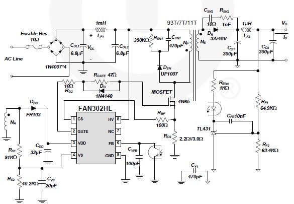 FAN302HL 5 volt switching power supply circuit design electronic project circuit