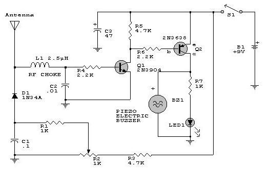 RF detector electronic project circuit design using 2N2222 transistors – Circuit Schematic