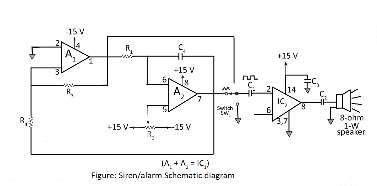 simple siren or alarm using MC1458 dual op-amp – Circuit Schematic