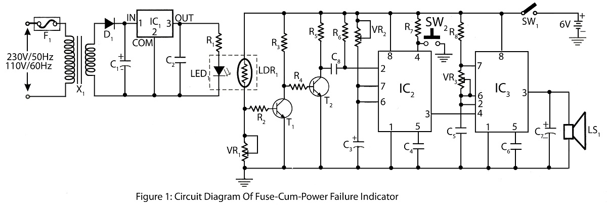 Fuse-Cum-Power Failure Indicator with alarm – Circuit Schematic