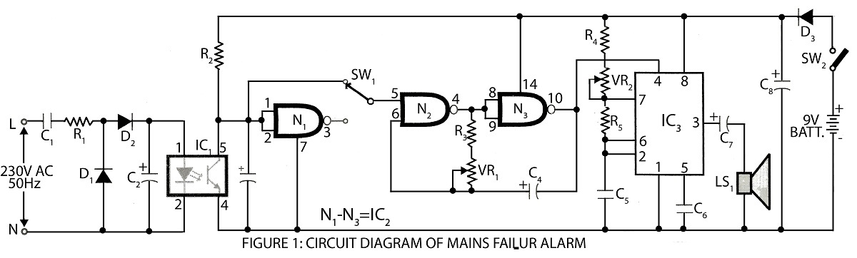Digital Mains Failure/Resumption Alarm – Circuit Schematic