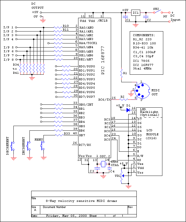 8-Way MIDI Drum Pads circuit