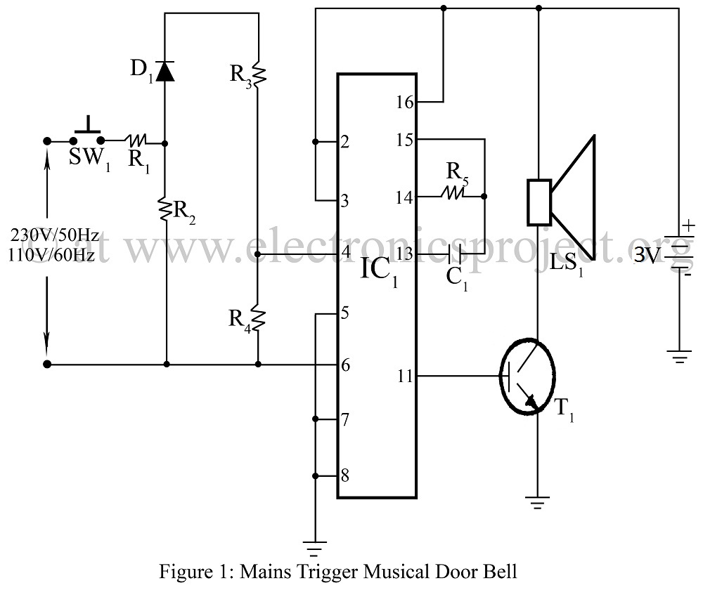 Mains Trigger Musical Door bell – Circuit Schematic