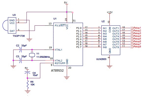 Circuit for controlling 8 appliances using TV Remote circuit