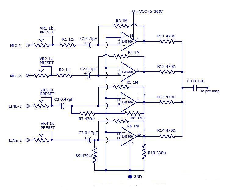 multi channel audio mixer using lm3900 – Circuit Schematic