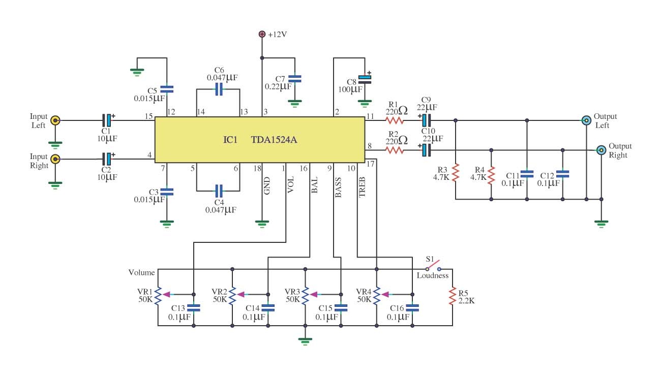 tone control circuit using tda1524a – Circuit Schematic