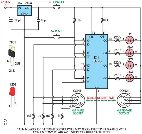 cable tester uses quad latch – Circuit Schematic