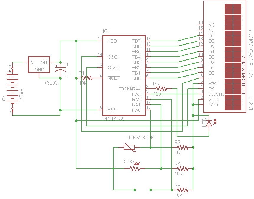 PIC 16F88 Digital Thermometer Light Meter and resistance ohm meter – Circuit Schematic